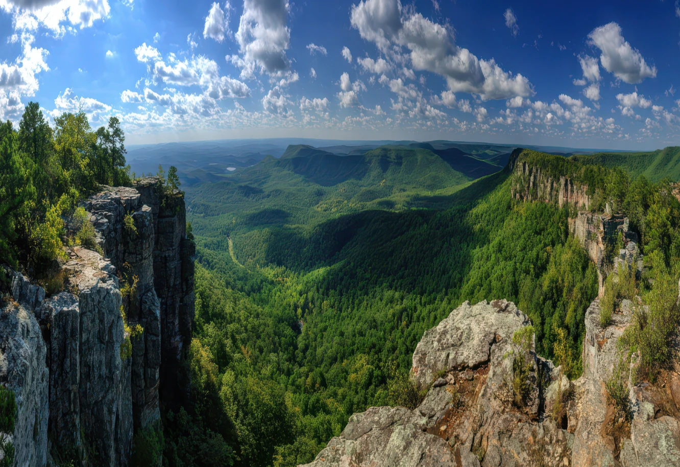 Rugged cliffs overlook a vast, green forest under a blue sky dotted with fluffy white clouds, conveying serenity and natural grandeur.