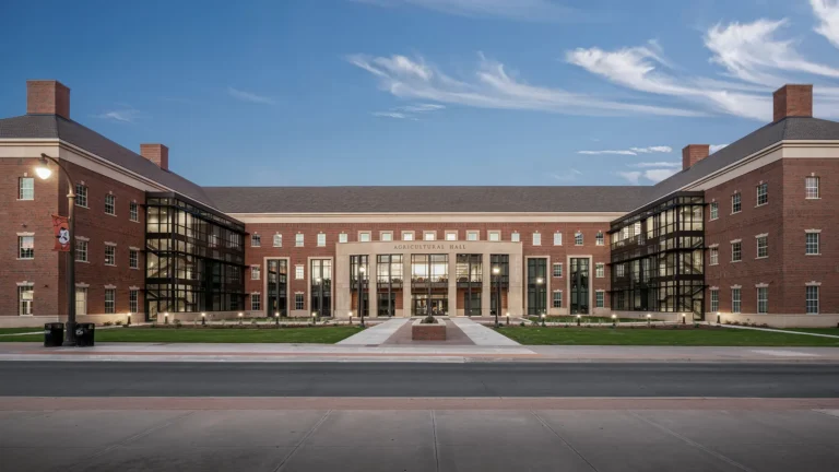 Grand brick building labeled "Agricultural Hall" under a clear blue sky. Symmetrical design with glass accents and manicured lawns conveys an academic vibe.