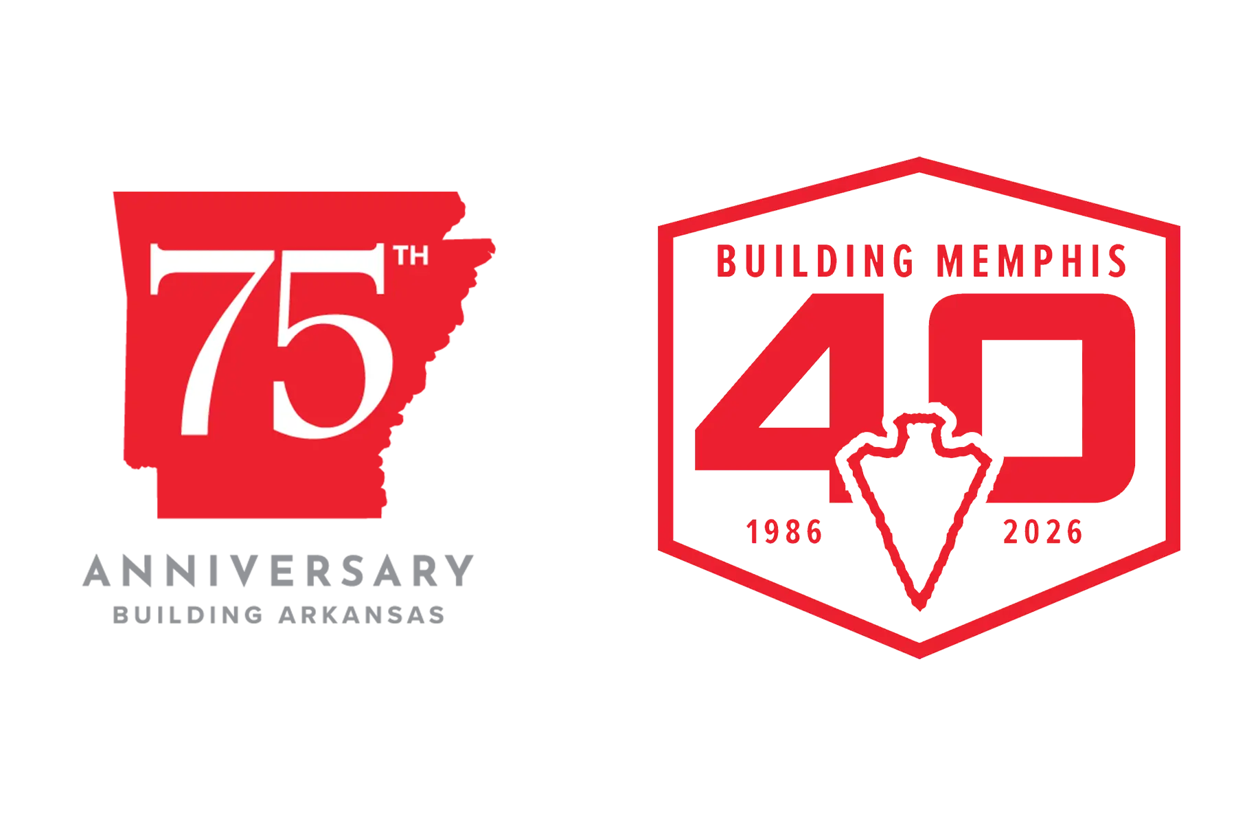 Red and black anniversary logos on black. Left: "75th Anniversary Building Arkansas" with state shape. Right: "Building Memphis 40, 1986-2026" with arrowhead.