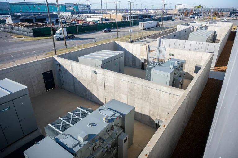 Aerial view of an industrial facility with large transformers enclosed by concrete walls. Roads and trucks are visible in the background under a clear sky.