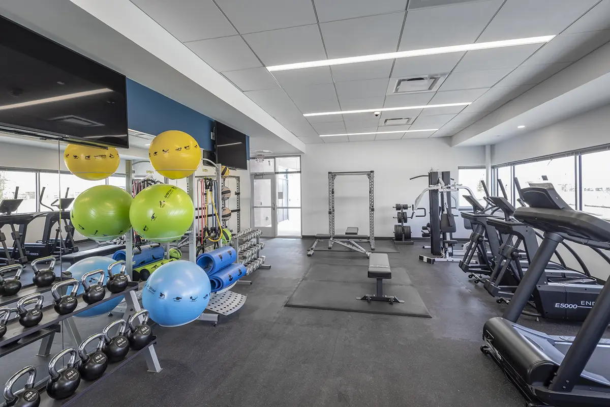 Modern gym with kettlebells, colorful exercise balls, treadmills, and weightlifting equipment. Bright, spacious room with a clean, organized feel.