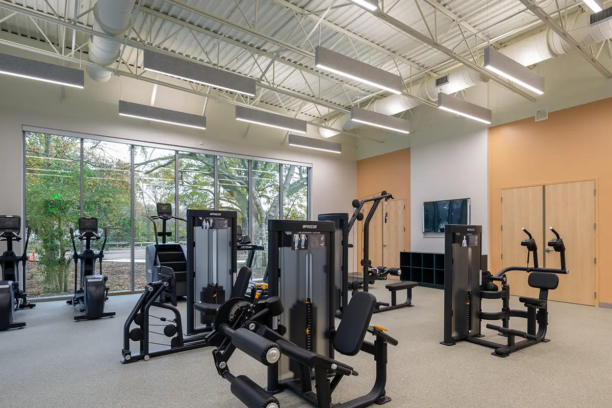 Bright gym with various exercise machines, large windows showing greenery outside, and a modern, clean design, conveying energy and focus.