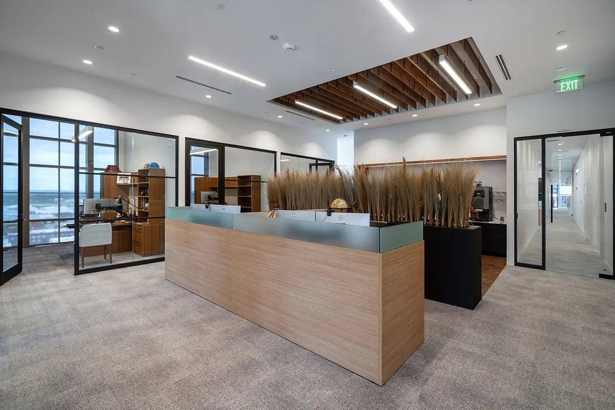 Modern office reception with a wooden desk, decorative dried plants, glass partitions, and natural light. Minimalist design with a professional ambience.