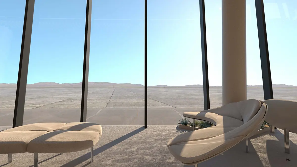 Modern lounge with plush, cream chairs and large windows overlooking a vast, sunny desert landscape. Minimalist design, peaceful and open atmosphere.