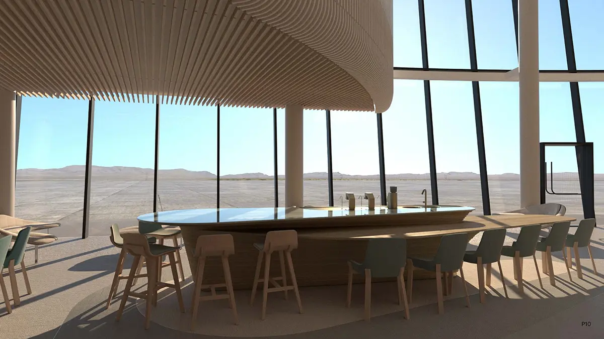 Modern interior with large windows showcasing a vast desert landscape. A sleek bar with stools centers the room, bathed in natural sunlight, evoking tranquility.