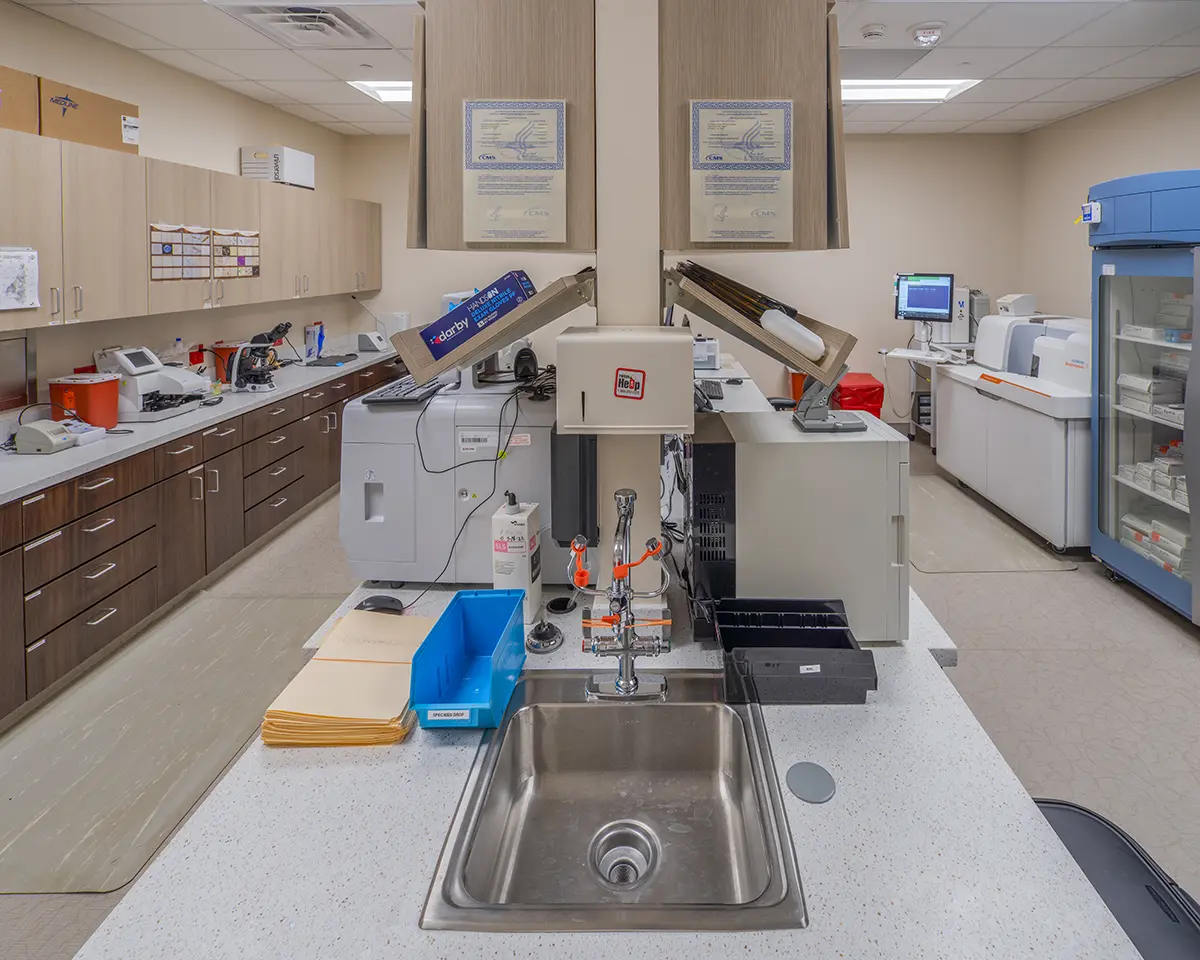 Modern laboratory with stainless steel sink, counters filled with lab equipment, computers, cabinets, bright lighting, and organized workspace.