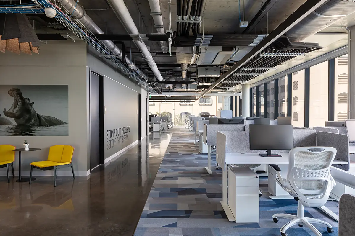 Modern open-plan office with gray cubicles and white chairs under an exposed ceiling. A hippo mural and two yellow chairs are on the left wall, adding a playful touch.