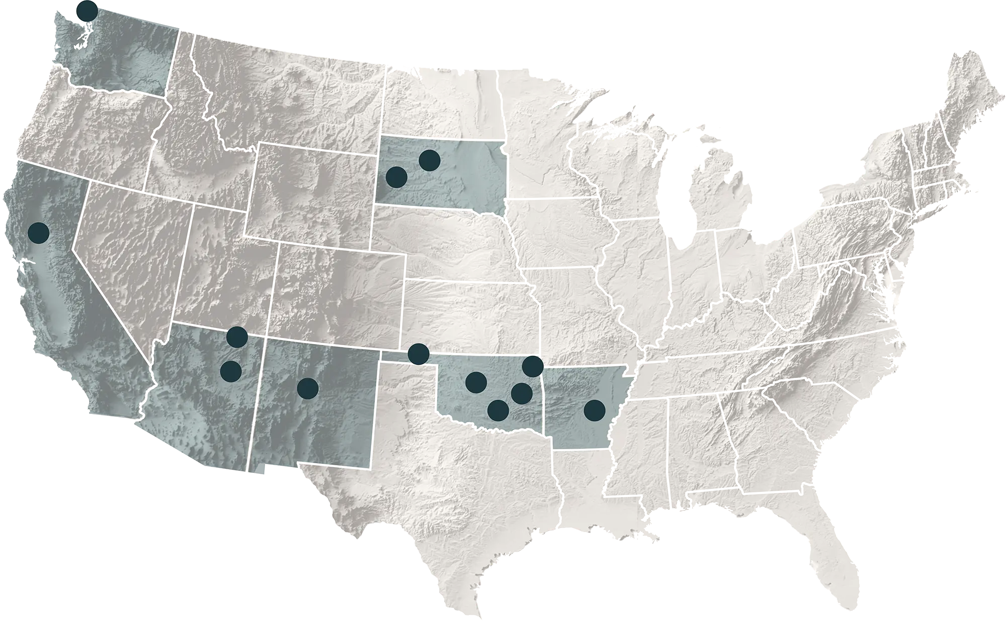 Map of the United States highlighting southwestern states in dark gray. Eleven blue dots mark specific locations in areas like Nevada and Texas.