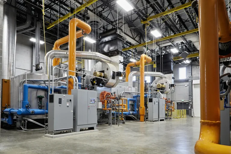 Industrial facility interior with large machinery, vibrant orange and blue pipes, and control panels. Steel beams and overhead lights create a clean, organized setting.