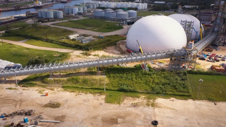 Aerial view of an industrial site with two large white dome structures connected by a conveyor system, surrounded by green fields and storage tanks.