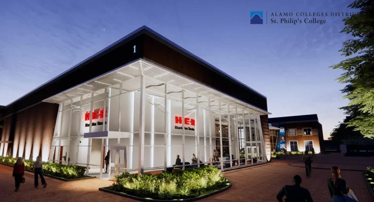 Modern glass building at dusk, labeled "HEB Black Box Theater," with people walking nearby. Illuminated architecture, calm and inviting atmosphere.