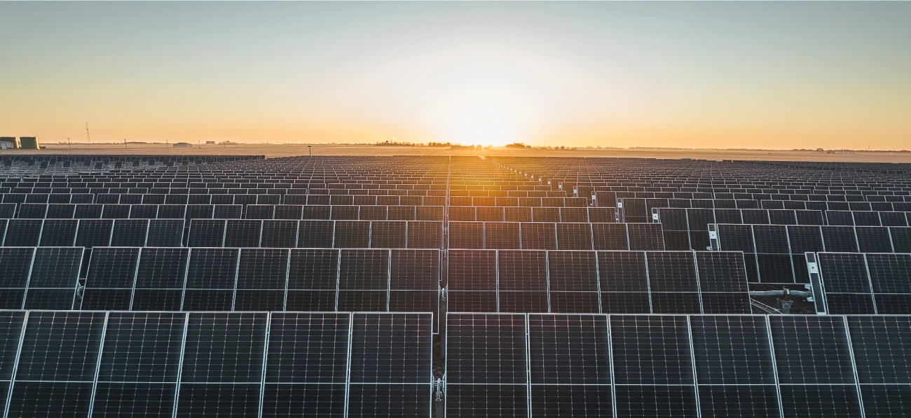 A vast field of solar panels stretches toward the horizon as the sun rises, casting a warm glow. The scene conveys a sense of renewable energy and hope.