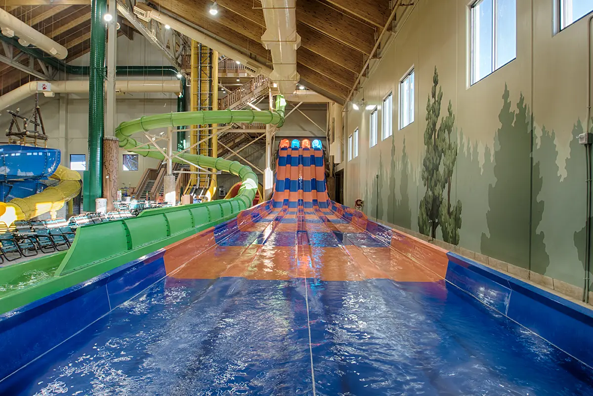 Indoor water park with vibrant slides and a wavy, multi-lane blue and red slide. Green spiral slide to the left. Wall murals of trees create a fun atmosphere.