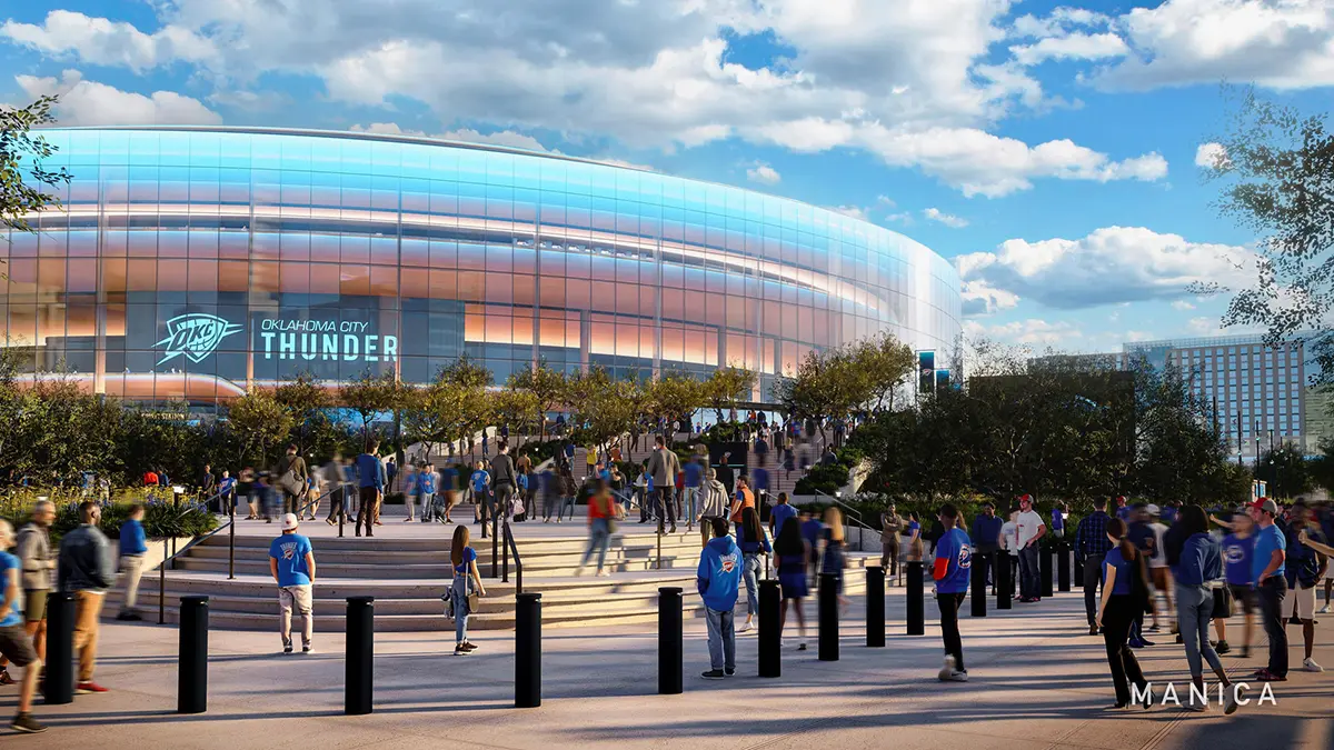 Crowds gather outside a modern arena under a vibrant blue sky with clouds. The venue displays the "Oklahoma City Thunder" logo, creating an energetic atmosphere.