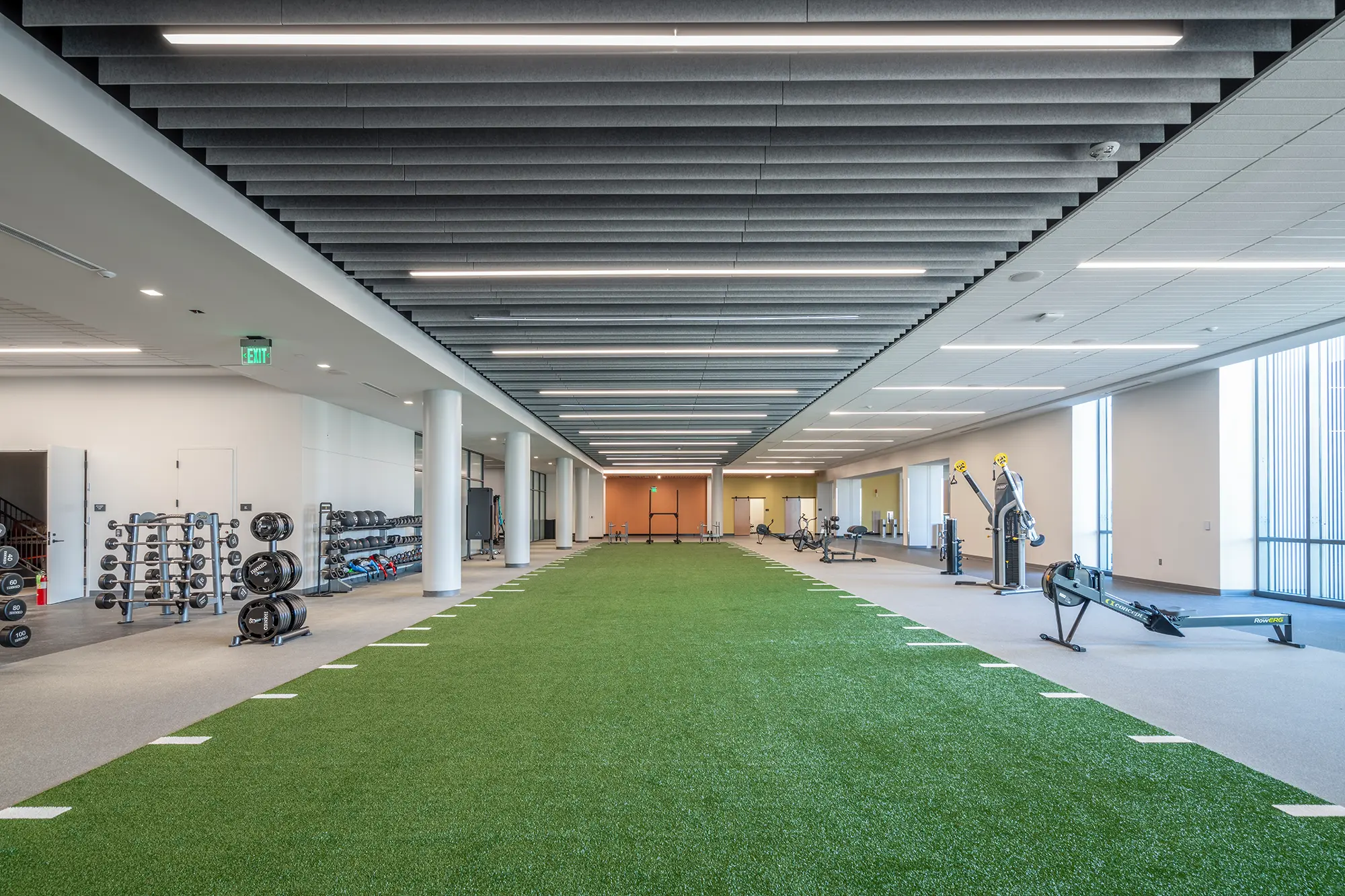 Spacious gym with a central green turf path, surrounded by workout equipment like dumbbells and rowing machines. Bright lighting and modern design.