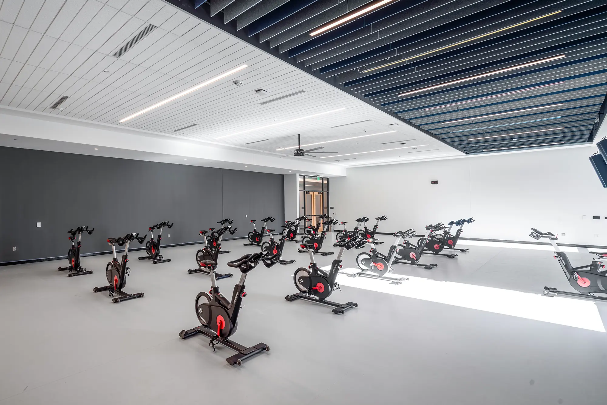 A spacious indoor cycling studio with sleek stationary bikes arranged neatly on a light gray floor. Sunlight pours in, creating a bright, modern atmosphere.
